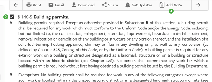 eCode360 screen showing a selected section